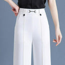 [Pague 3, Leve 5] Calças Femininas Lavina de Cintura Alta com Botões Frontais em Poliéster e Seda Gelo + BRINDES